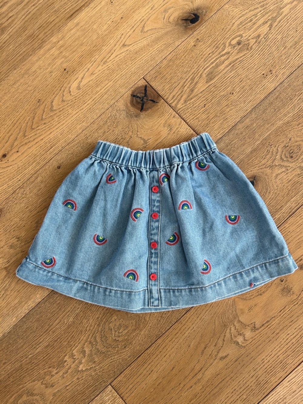 Mini Boden Blue Denim Skirt with Rainbow Embroidery
